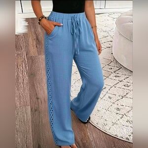 Women's Lightweight Blue Lace Trim Pants With Pockets